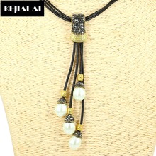 Freshwater Pearl Shell Bead Pendant Necklace Leather Macrame Tassel Necklace Paved Rhinestone Nature Stone Charm Bohemia Style 2024 - buy cheap