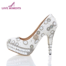 Free Shipping Fashion Ivory and White Pearl Woman Bridal Dress Shoes Rhinestone High Heels Ivory Shoes Ladies Round Toe Shoes 2024 - buy cheap