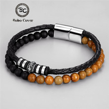 Pulseira de couro genuíno para homens, bracelete preto de buda 6mm com pedra natural frisada e fivela magnética de aço inoxidável 2024 - compre barato