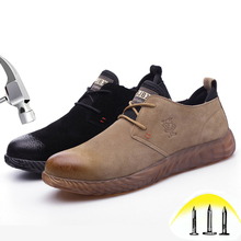 Zapatos de seguridad con punta de acero para hombre, botas de trabajo protectoras de cuero, antigolpes y perforaciones, suela suave, ligeras, a la moda 2024 - compra barato