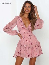 Yinlinhe vestido de chiffon rosa feminino, vestido de verão de manga longa sem costas sexy transparente com babados, moda verão 2019 2024 - compre barato