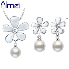 Almei-conjunto de joyas de perlas cúbicas para mujer, Collar de plata, flor de esmalte blanca, conjuntos de pendientes de botón con bola, bisutería, boda, T286 2024 - compra barato