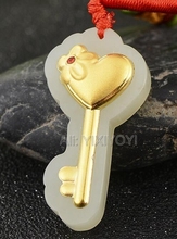 Natural White Hetian Jade + 18K Solid Gold Inlaid Flower Heart Key Style Lucky Pendant + Free Rope Necklace Fine Jewelry 2024 - buy cheap