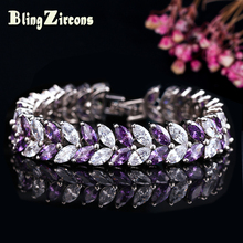 BeaQueen Big Leaf Shape Purple and White Cubic Zircon Crystal Bridal Bracelet Silver Color Wedding Jewellery for Women B009 2024 - buy cheap