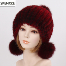 2020 New Russian Women 100% Natural Mink Fur Hat Winter Warm Genuine Fox Fur Pompoms Caps Lady Knit Luxury Real Mink Fur Hats 2024 - buy cheap