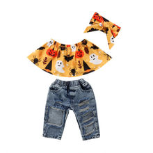 3Pcs Halloween Newborn Kid Baby Girls Off Shoulder Tops Hole  Denim Pants Outfits 2024 - buy cheap