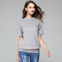 Suéter feminino manga curta em malha, casaco feminino folgado gola redonda 2024 - compre barato