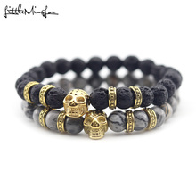 Little MingLou Stainless Steel Skull Skeleton charms bracelets set natural stone beads men Bracelet & bangles for men jewelry 2024 - buy cheap