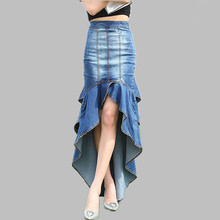 JSXDHK New 2019 Summer High Street Denim Skirts Women Ruffles Irregula Bodycon Slim Jeans Skirt Fashion Long Fishtais Skirts 2024 - buy cheap