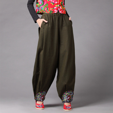 LZJN-pantalones de lino para mujer, bombachos de pierna ancha con dobladillo bordado, largos, étnicos, 4 colores, holgados, verano y otoño, 2019 2024 - compra barato