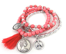 Pulsera elástica para mujer, cuentas rosas de piedra semipreciosa con paz, abalorio de borla, envío directo gratis 2024 - compra barato