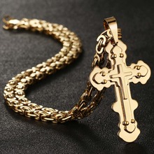 Gold Color Rivet Cross Pendant Necklace for Men Stainless Steel Byzantine Necklace 3 Layers Link Chain Male Body Jewelry NC044 2024 - buy cheap