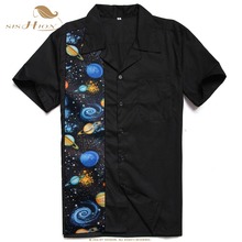 Мужская рубашка с коротким рукавом SISHION ST110, черная рубашка в стиле ретро с космическим узором, рубашка для боулинга на пуговицах 2024 - купить недорого