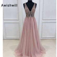 Long Evening Dress 2019 Real Sample Sparkly Heavy Beaded Tulle V-neck Abendkleider Women Sexy Prom Dress Formal Evening Gown 2024 - buy cheap