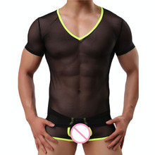 Camisas masculinas sexy, cueca com decote em v, mangas curtas, body básico, camisetas, homem gay, transparente, roupa íntima, underwear 2024 - compre barato