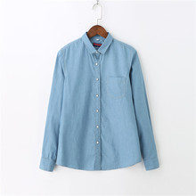 Dioufond blusa feminina jeans manga longa, de outono camisa casual gola virada plus size, blusa jeans liso 2024 - compre barato