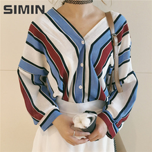 SIMIN 2017 summer fashion loose women shirts casual V neck stripes mangas blusas 3/4 tops de manga morcego impressão 2024 - compre barato