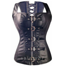 Free pp Sexy Black Faux Leather Buckle Overbust Waistcoat Corset Top Steampunk women Bustier Cincher Corselet plus size S-6XL 2024 - buy cheap