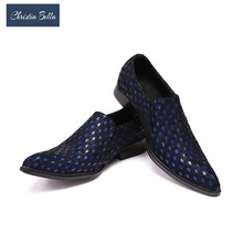 Christia Bella Metal Pointed Toe Men Dress Shoes Peacock Printing Men Party Banquet Formal Shoes Business Blue Oxfords Male Flat 2024 - buy cheap