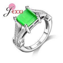Moda mujer corte cuadrado claro estrás de cristal verde estampado de joyas plata anillos de compromiso 2024 - compra barato