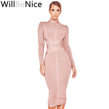 Willbenice-vestido willpara inverno 2019, vestido de bandagem feminino sexy, nude, manga longa, midi, para clube, celebridades, vestido de festa de tarde 2024 - compre barato