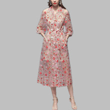 JSXDHK-vestido de pasarela de malla con doble botonadura para mujer, vestido Midi Vintage con bordado Floral, a la moda, para fiesta de verano 2024 - compra barato