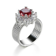 Anillos de Compromiso de circonia cúbica roja para Mujer, joyería de lujo, Color plateado brillante, flor, para boda 2024 - compra barato