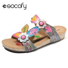 SOCOFY Hand Painted Genuine Leather Retro Gems Floral Pattern Hook Loop Comfortable Sandals Woman Shoes Elegant Shoes For Ladies 2024 - buy cheap