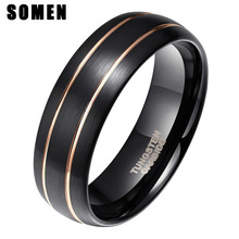 Somem 8mm preto tungstênio anel duplo linha de ouro inlay design para homens casamento banda moda festa anel jóias 2024 - compre barato