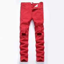 Джинсы HMILY мужские рваные в стиле пэчворк, модные брендовые байкерские джинсы с отверстиями, прямые облегающие повседневные красные брюки 2024 - купить недорого