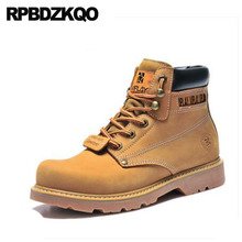 Full Grain Ankle Shoes Booties Genuine Leather Winter Men Boots With Fur Safety High Top Military Yellow Platform Combat Work 2024 - buy cheap