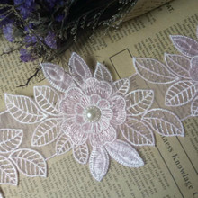 1 yards 9X13 cm Pink Pearl Flower Leaf Handmade Beaded Embroidered Lace Trim Ribbon Applique Wedding Dress Sewing Craft 2024 - buy cheap