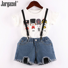 fashion girls clothes set summer white soldier shirt and jeans shorts overall 3 pcs clothing suit for baby girl cute outfits 2024 - buy cheap