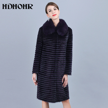 HDHOHR 2020 Высокое качество Настоящее Норковое меховое пальто женские натуральные меховые пальто Благородный пурпурный Лисий меховой воротник натуральная кожа Длинные куртки 2024 - купить недорого