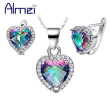 Almei Wedding Heart Jewelry Sets Silver Jewelry With Muliticolor Stone Rainbow Blue Pink for Women Necklace Earrings 2017 T481NR 2024 - buy cheap