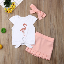Летняя одежда для маленьких девочек Pudcoco, футболка с принтом фламинго, топ с оборками, короткая юбка, повязка на голову, 3 шт., наряды, летняя одежда 2024 - купить недорого