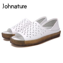 Johnature 2022 New Summer Genuine Leather Breathable Leisure Soft Sole Slip-on Hollow Peep Toe Comfortable Flat Women Sandals 2024 - buy cheap