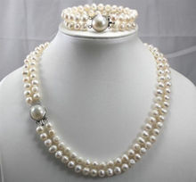 Collar de perlas cultivadas en agua dulce, conjunto de pulsera de 2 filas de 7-8MM, 8-19 "y 7,5" 2024 - compra barato