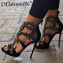 DEleventh high heels sandals women's shoes cut-outs suede rhinestone sandals high-heeled gladiiator sandalias sexy summer woman 2024 - buy cheap