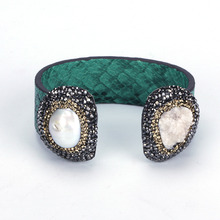 Natural Freshwater Pearl Rough Druzy Stone Charm Pave Rhinestone Teal Green Real Snake Leather Wide Big Open Bangle Cuff Women 2024 - buy cheap