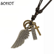 SOHOT Fashion Genuine Leather Rope Necklaces Angel Wing Feather Cross Pendants With Words Punk Men Jewelry Birthday Lady Gift 2024 - buy cheap