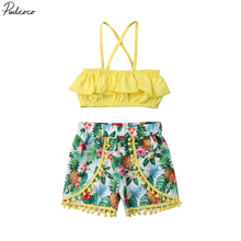 2pcs Toddler Kid Baby Girl Clothes Hawaii Yellow T-shirt Tops + Floral Shorts Outfits Set 2024 - buy cheap