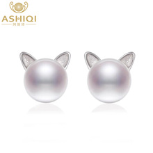 ASHIQI Genuine 925 Sterling Silver Cat Stud Earrings 7-8mm Natural Freshwater pearl for Women & Girls gift 2024 - buy cheap