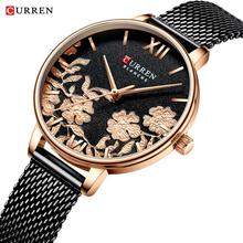 CURREN-Reloj de moda para mujer, pulsera de cuarzo informal con correa de malla, esfera delgada, flor dorada negra 2024 - compra barato