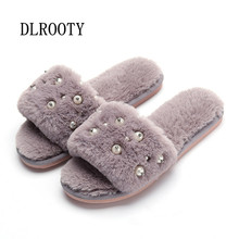 Women Flips Flops Winter Warm Fur Shoes Woman Slippers Fashion String Bead Platform Female Slides Flat Comfortable 2024 - buy cheap