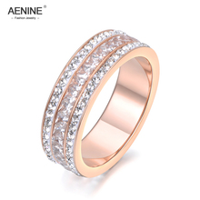 AENINE Fashion Jewelry Rose Gold Color 3 Rows CZ Ring White Clay Crystals & AAA Zircon Stainless Steel Ring 6mm Width AR18132 2024 - buy cheap