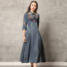 Vintage Denim Dress 2019 Women Half sleeve Floral embroidery Lady Stand Collar Slim Fit A-line Long Jeans Dresses 2024 - buy cheap