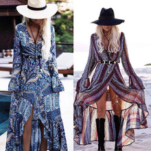 Women Long Maxi Dresses Bohemia V-neck Long Sleeve Floral Print Ethnic Summer Beach Female Split Stylish Style Dress 2024 - buy cheap