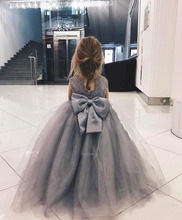 Vintage Lace Ball Gown Flower Girl Dresses For Weddings 2021 Grey Tulle Bow Floor Length Kids Pageant Gowns Communion Dress 2024 - buy cheap