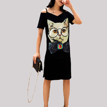 Blusa holgada informal con cuentas y hombros descubiertos para verano, Camisa larga Sexy con estampado de gato para mujer, color negro 2024 - compra barato